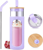 Kodrine 24oz Glass Tumbler with 2 Lids and Straws, Glass Cup With Bamboo Lid and On-the-go Lid, Reusable Iced Coffee Cup, Ideal for Smoothie, Cold Drinks, Fit Cup Holder, BPA Free (1, Purple)