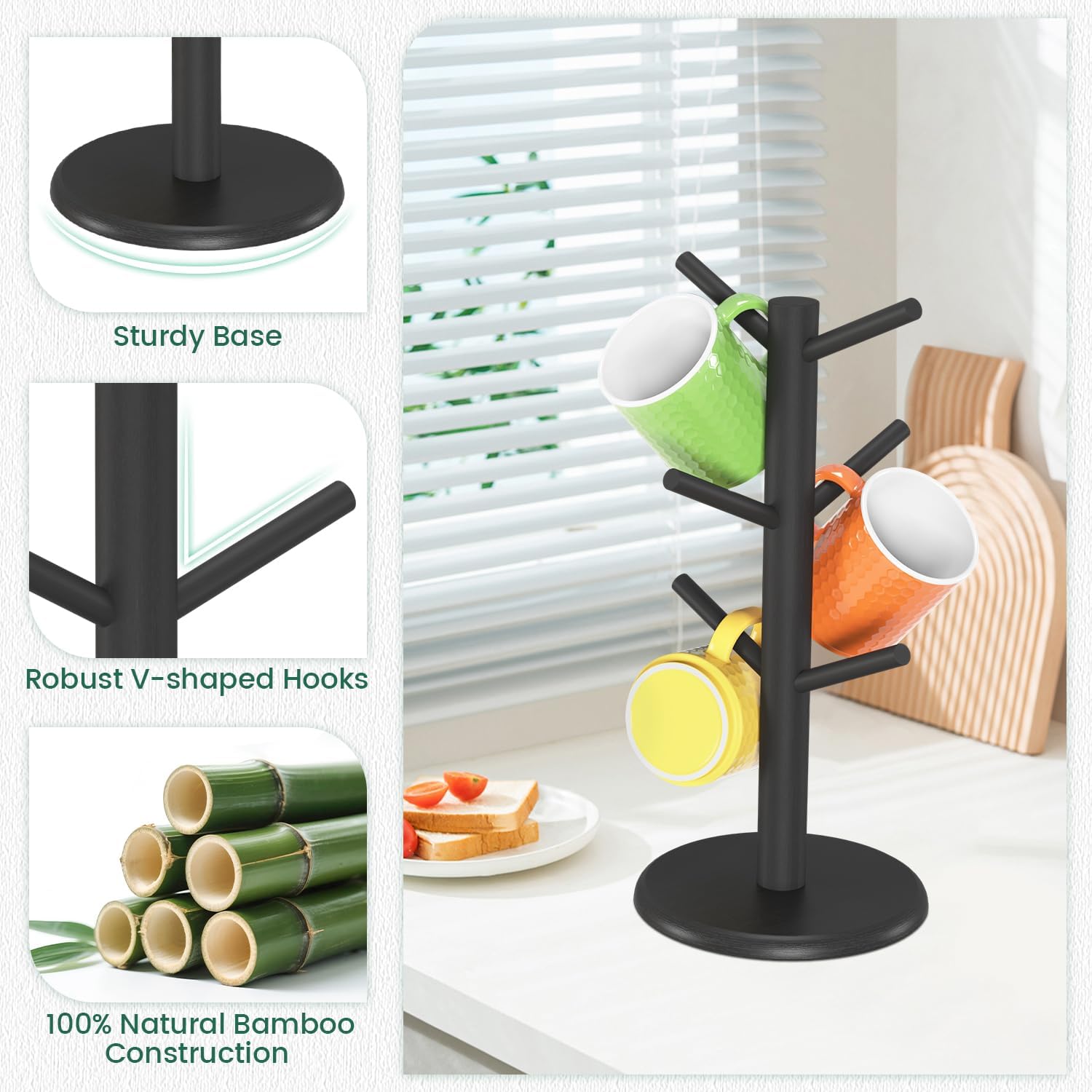 EsLuker.ly Mug Holder Tree, Bamboo Coffee Cup Display Rack with 6 Hooks for Home Kitchen Counter, Wood Mug Stand Station Organizer, Black, A Must-Have for Coffee Lover