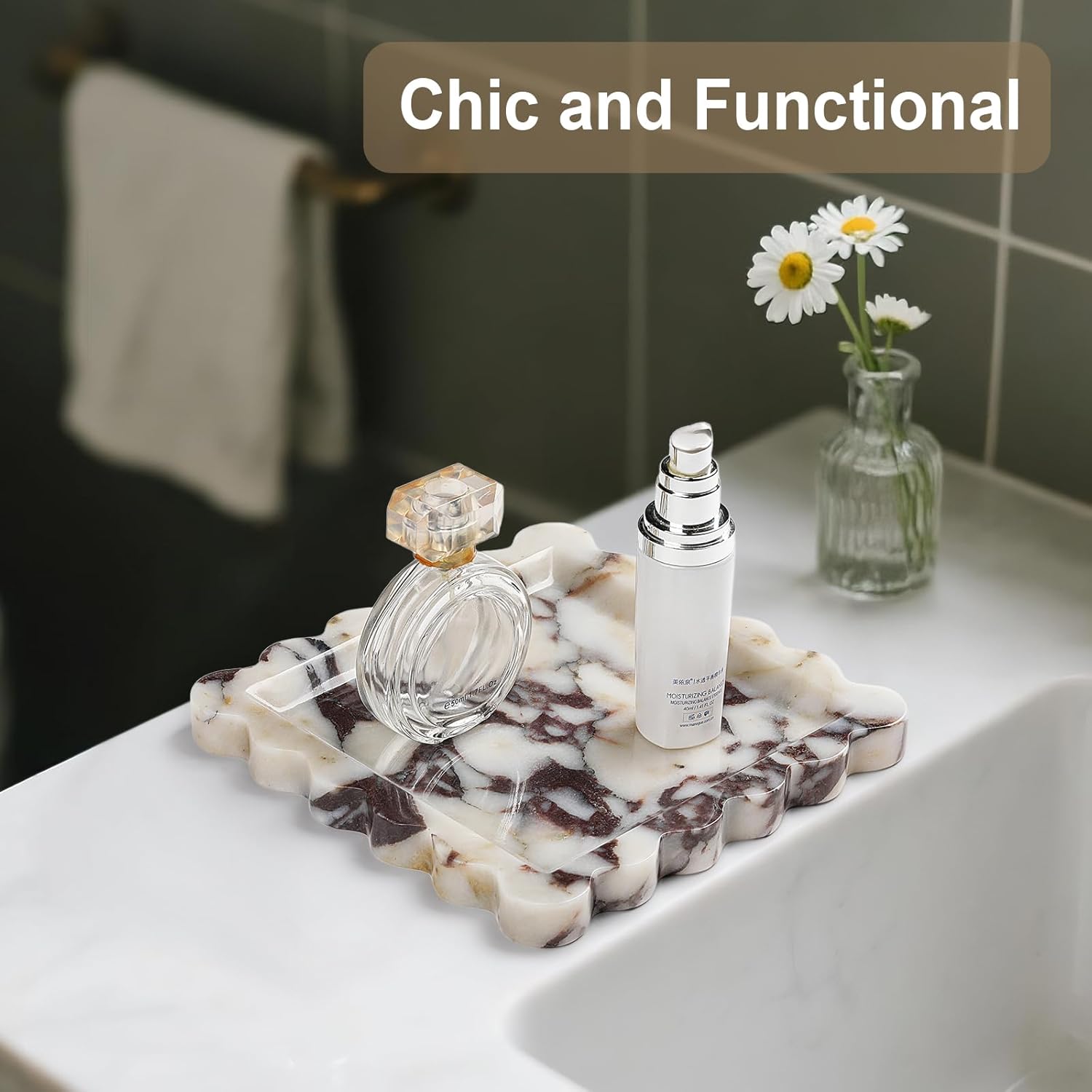Natural Marble Vanity Tray - Moujings Genuine Marble Perfume Tray for Bathroom Decor, Stone Bathroom Vanity Organizer Tray for Kitchen Counter, Candles, Jewelry, Coffee, Makeup, Key