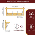 Coat Rack with Shelf, 2 Pack Bamboo Wall-Mounted Coat Hanger with 8 Hooks for Entryway, Hallway, Kitchen, Bathroom, Living Room, Utility Room (Natural)