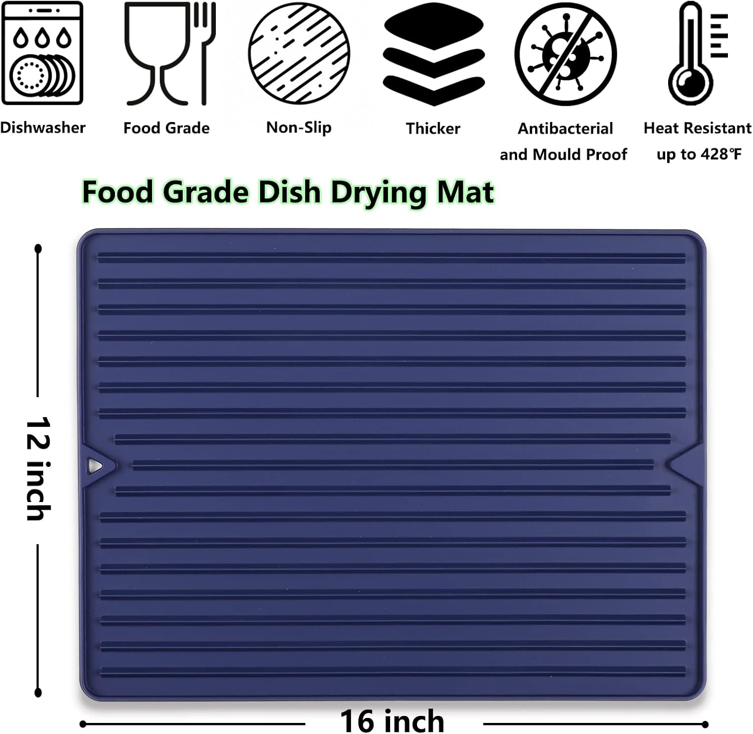 Dish Drying Mat, Flexible Silicone Drying Mat for Kitchen Counter, Heat Resistant Silicone Trivet for Countertop Protector, Super Thick Non-Slip Dish Drying Pad for Under Rack, 12” x 16”