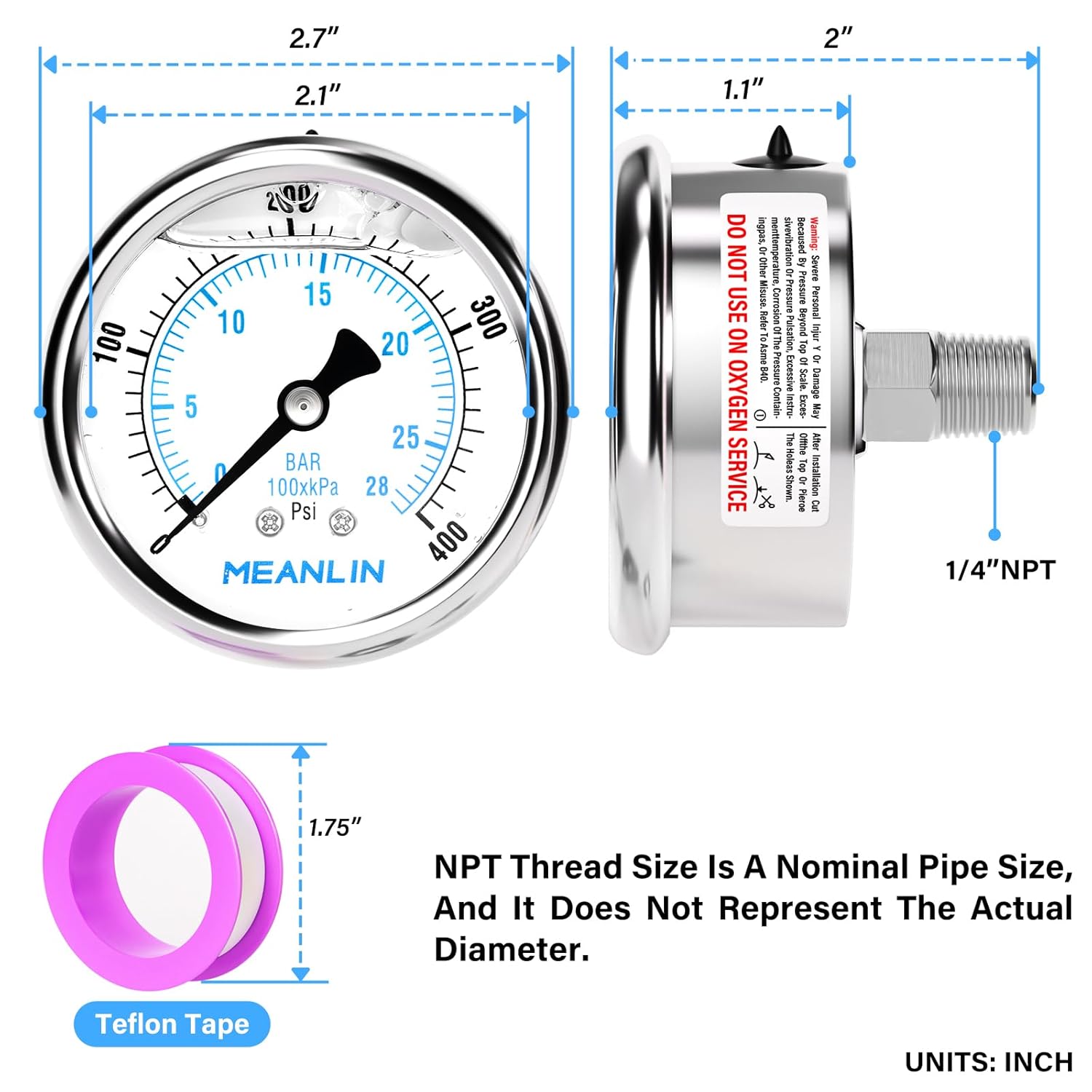 MEANLIN MEASURE 0~400Psi Liquid Filled Pressure Gauge Stainless Steel with 316 Stainless Steel Joint 1/4" NPT 2.5" FACE DIAL for Air Compressor Air Regulator Water Filter Center Back Mount