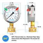 MEANLIN MEASURE 0~150Psi Stainless Steel Frame 3/4" Female 2.5" FACE DIAL Liquid Filled Pressure Gauge WOG Water Oil Air Water Pressure Test Table with Sealing Ring (with 2PCS Snaps)