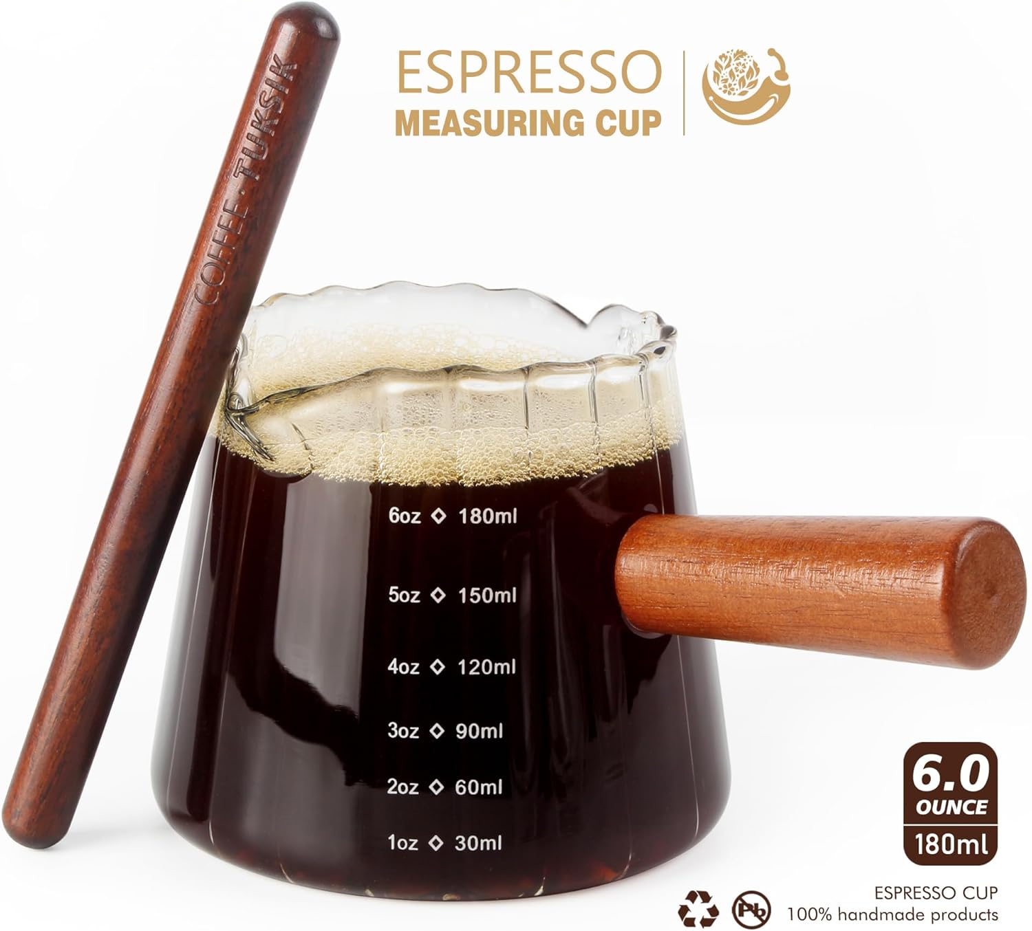 Double V-Spout Espresso Shots Cup (6OZ) with Wooden Handle - Left & Right Handed | Milk Frothing Pitcher & Measuring Cup | Espresso Accessories Set with Bonus Walnut Stirrer