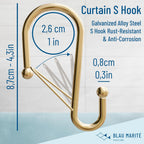 12 Decorative Metal Shower Curtain Hooks, S-Shaped Hooks with Anti-Fall System, Rust-Proof Shower Rings with Safety Buckle, Fits Rods Up to 1-Inch Diameter (S, Gold)
