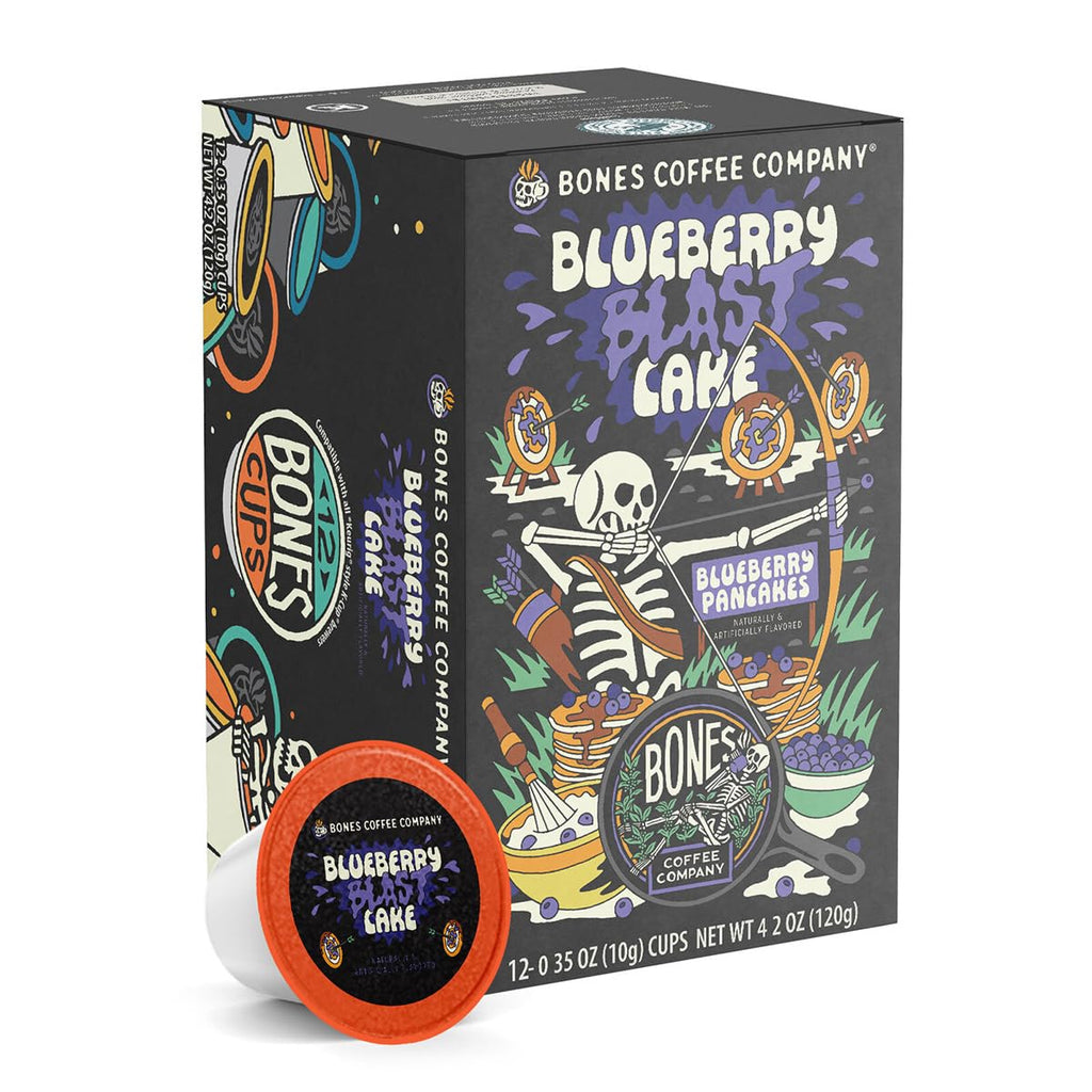 Bones Coffee Company Blueberry Blast Cake, Blueberry Pancake Flavored Coffee Pods, Low Acid Medium Roast Single-Serve Bones Cups, For 1.0 & 2.0 K-Cups Brewers Coffee Maker, 12 Count