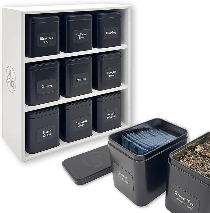 AllSpice Tea Organizer Rack with 9 Tins & 160 Magnetic Labels – Perfect for Bagged & Loose Leaf Tea Organization - White