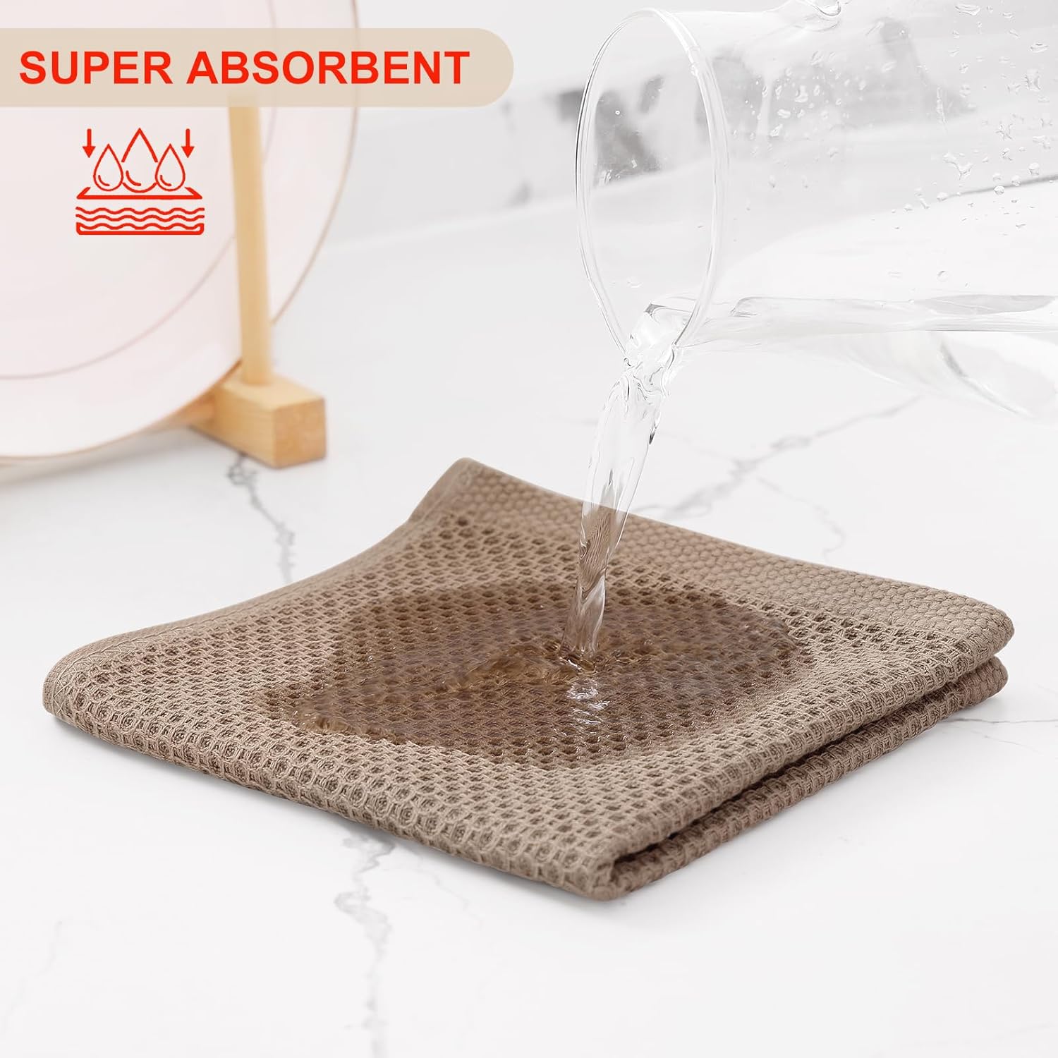 Kitinjoy 100% Cotton Kitchen Dish Cloths, 12 Pack Waffle Weave Ultra Soft Absorbent Dish Towels for Drying Dishes Quick Drying Kitchen Towels Dish Rags, 12 X 12Inch, Tan