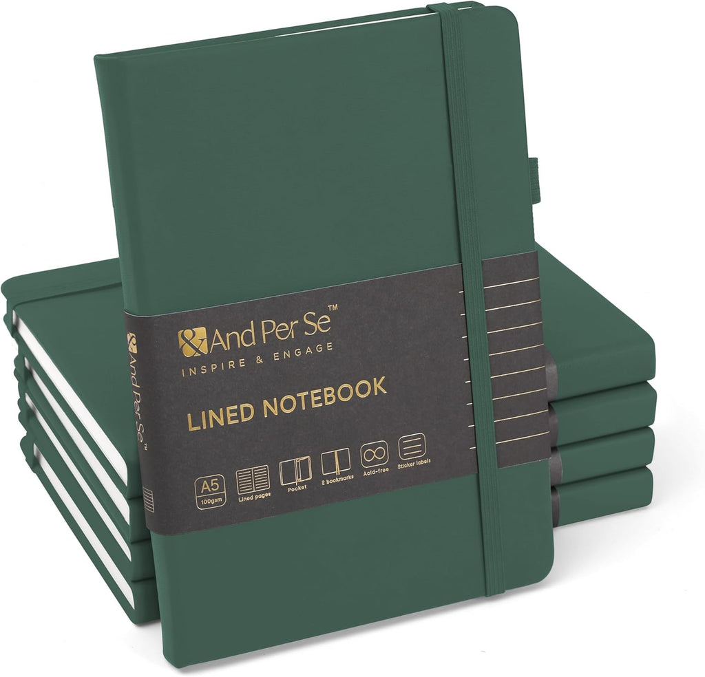 &And Per Se Lined Journal Notebook (5 Packs), 160 Pages, A5 5.7 x 8 inches College Ruled Thick Paper Notebook Journals for Writing, Hardcover Notebooks for Women Men Office School (Green)