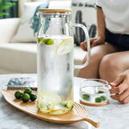 hjn Glass Water Pitcher with Lid Glass Carafe with Handle, Fridge Water Jug for Cold or Hot Beverages, Iced Tea, Milk, Juice 1500ml/51oz & bamboo lid