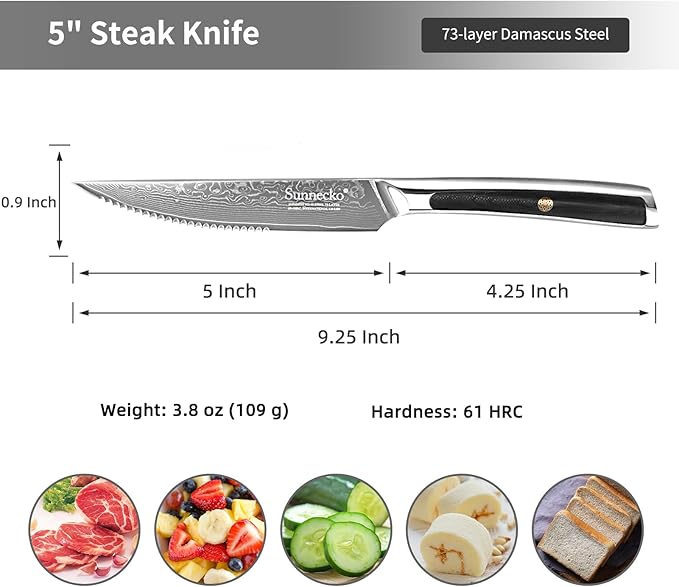 Sunnecko Damascus Steak Knives Set of 4 Serrated, Japanese VG10 Stainless Steel Steak knives Dishwasher Safe, 5 Inch Steak Knives G10 Handle with Gift Box