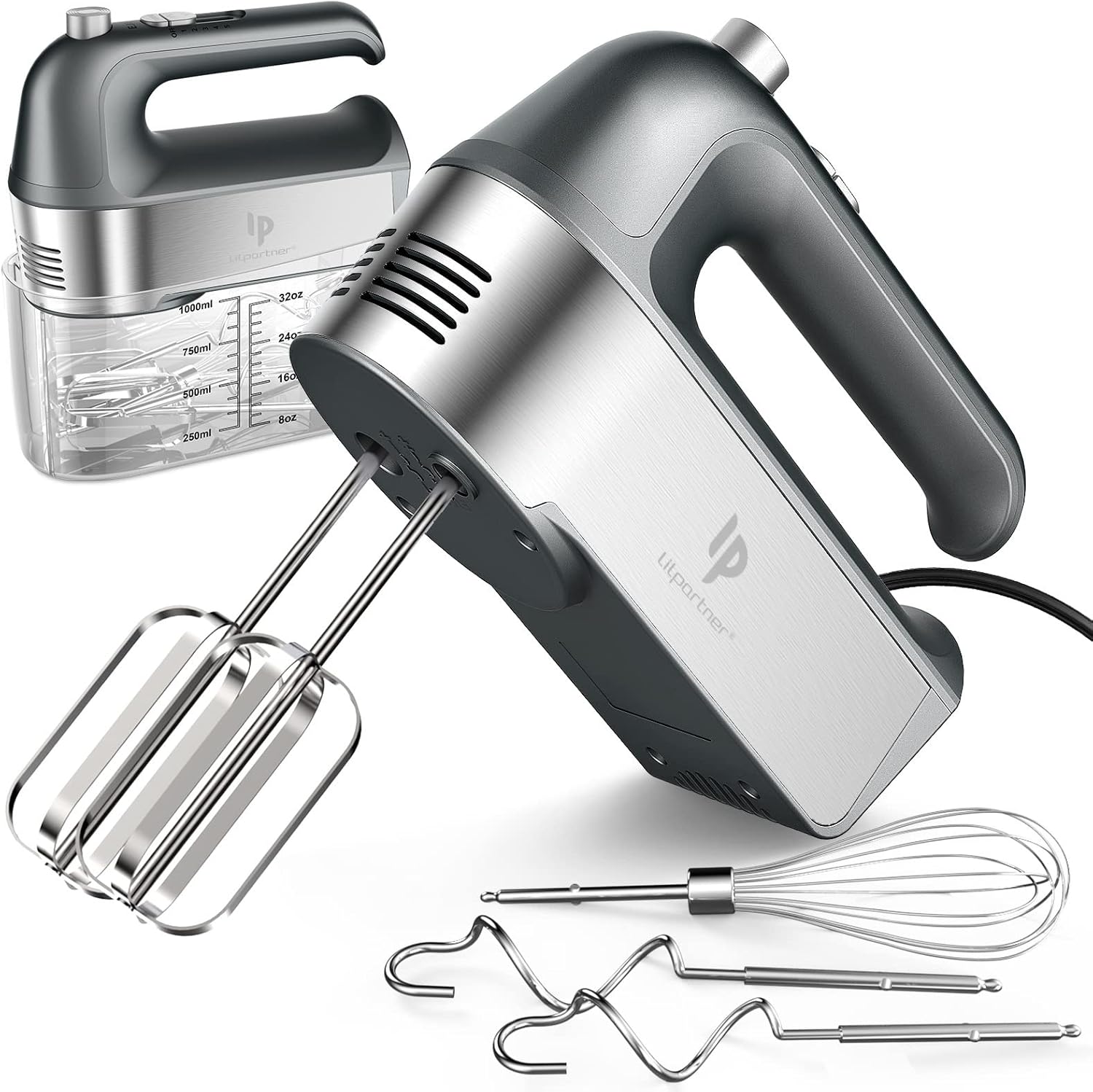 Hand Mixer Electric, 450W Kitchen Mixers with Scale Cup Storage Case, Turbo Boost/Self-Control Speed + 5 Speed + Eject Button + 5 Stainless Steel Accessories, For Easy Whipping Dough,Cream, Cake