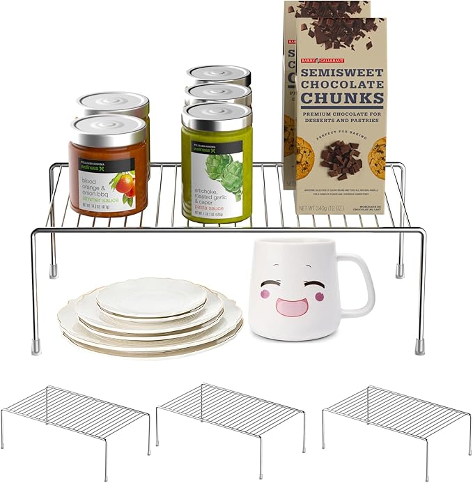 Redrubbit 4 Pack Large (15.7 x 9. 4 Inch) Cabinet Storage Shelf Rack, Rustproof Kitchen Counter and Cabinet Shelf, Storage Rack Organizer for Kitchen, Fridge, Cabinet, Bathroom, Chrome