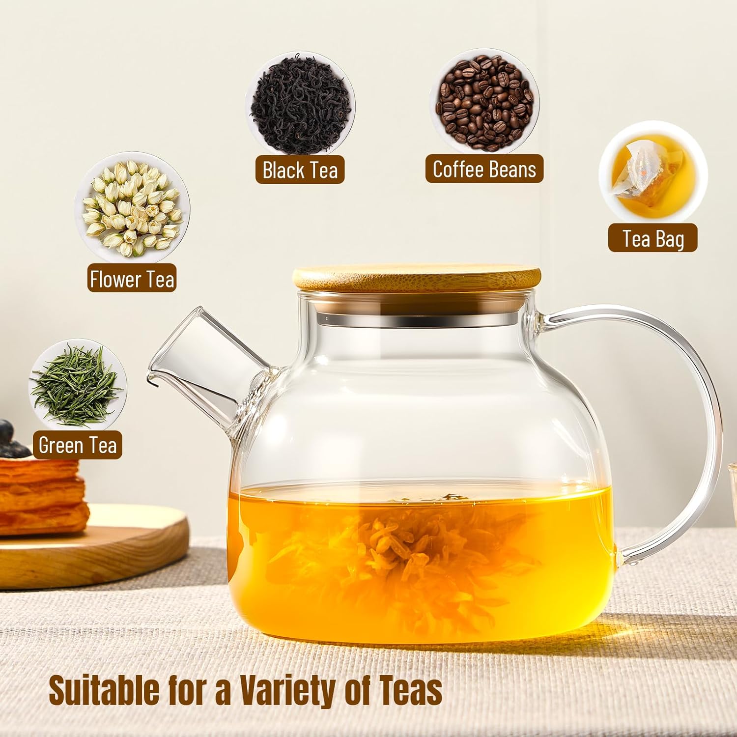PARACITY Glass Teapot Stovetop 34 OZ, Borosilicate Clear Tea Kettle with Removable 18/8 Stainless Steel Infuser, Teapot Blooming and Loose Leaf Tea Maker Tea Brewer for Camping, Travel