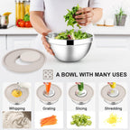 E-far Mixing Bowls with Lids Set, 7-Piece Stainless Steel Metal Mixing Bowls with Grater Attachments, Size 4.6, 3.5, 2.6, 2, 1.5, 1, 0.7QT, Nesting Design & Khaki Airtight Lids, For Cooking/Serving