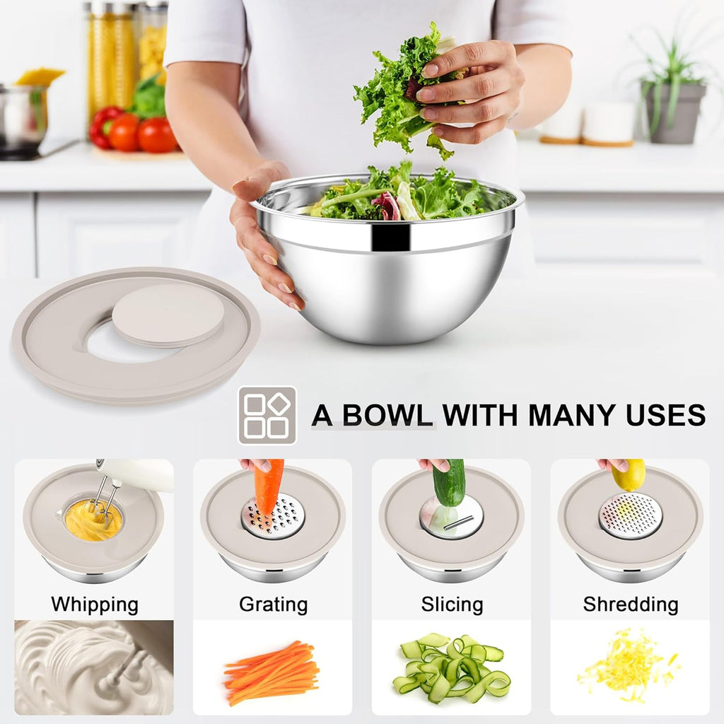 E-far Mixing Bowls with Lids Set, 21PCS Stainless Steel Mixing Salad Bowls with 3 Grater Attachments, Size 7, 4.6, 3.5, 2.6, 2, 1.5, 1QT, Nesting Design & Khaki Airtight Lid, For Baking/Prepping