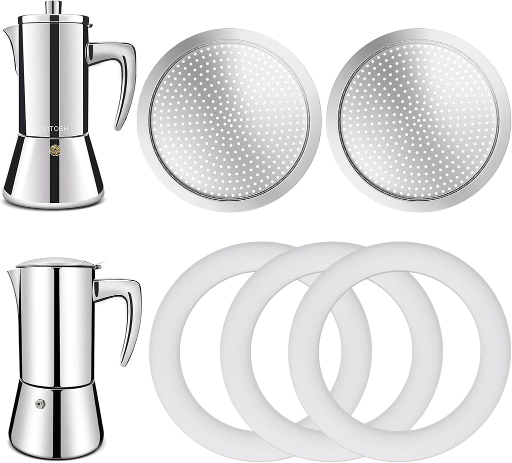 2 Pcs Filter with 3 Pcs Silicone Gasket Seals for 6 Cup Stovetop Espresso Coffee Maker Replacement Parts for 304 Stainless Steel Moka Pot