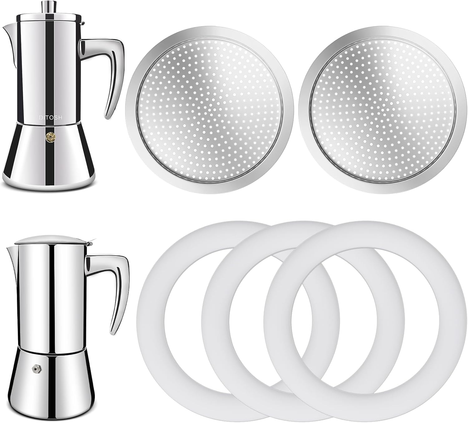 2 Pcs Filter with 3 Pcs Silicone Gasket Seals for 6 Cup Stovetop Espresso Coffee Maker Replacement Parts for 304 Stainless Steel Moka Pot