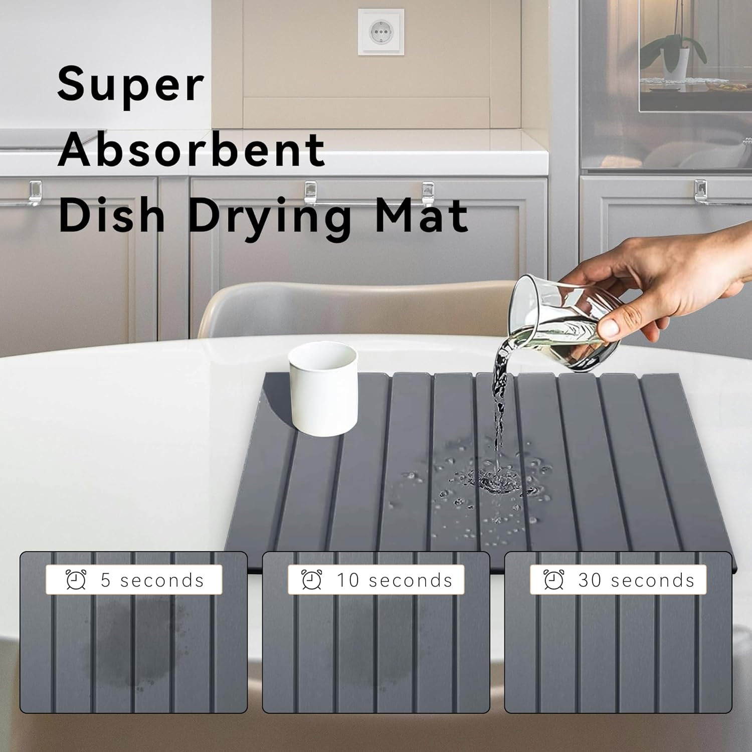 Large Stone Dish Drying Mat for Kitchen Counter, 24" x 16" Drying Board Diatomaceous, Dish Drying Tray for Kitchen, Utensils, Vegetable, Fruits, Bathroom Absorbent Pad, Fast Dry Stone Mat, Dark Gray