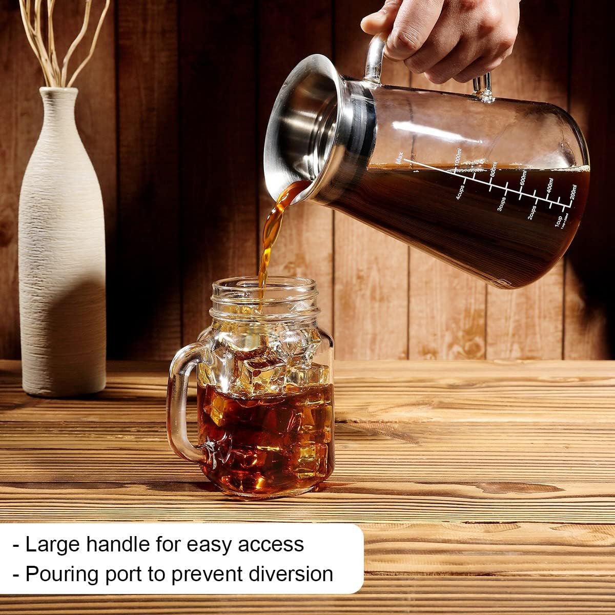 Aquach 34 Oz Cold Brew Coffee & Iced Tea Maker – Airtight Lid, Dishwasher Safe, Borosilicate Glass Caraf