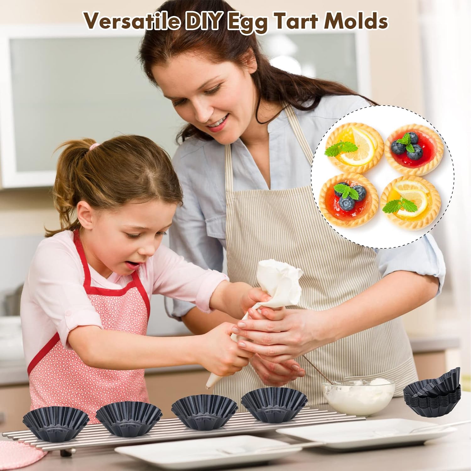 Egg Tart Molds, 12 PCS Non-Stick Very Mini Tart Pans, Mini Tart Mold 3 InchTop, 1.7 Inch Bottom, 0.9Inch High, Carbon Steel, Kitchen Reusable Baking Tools.
