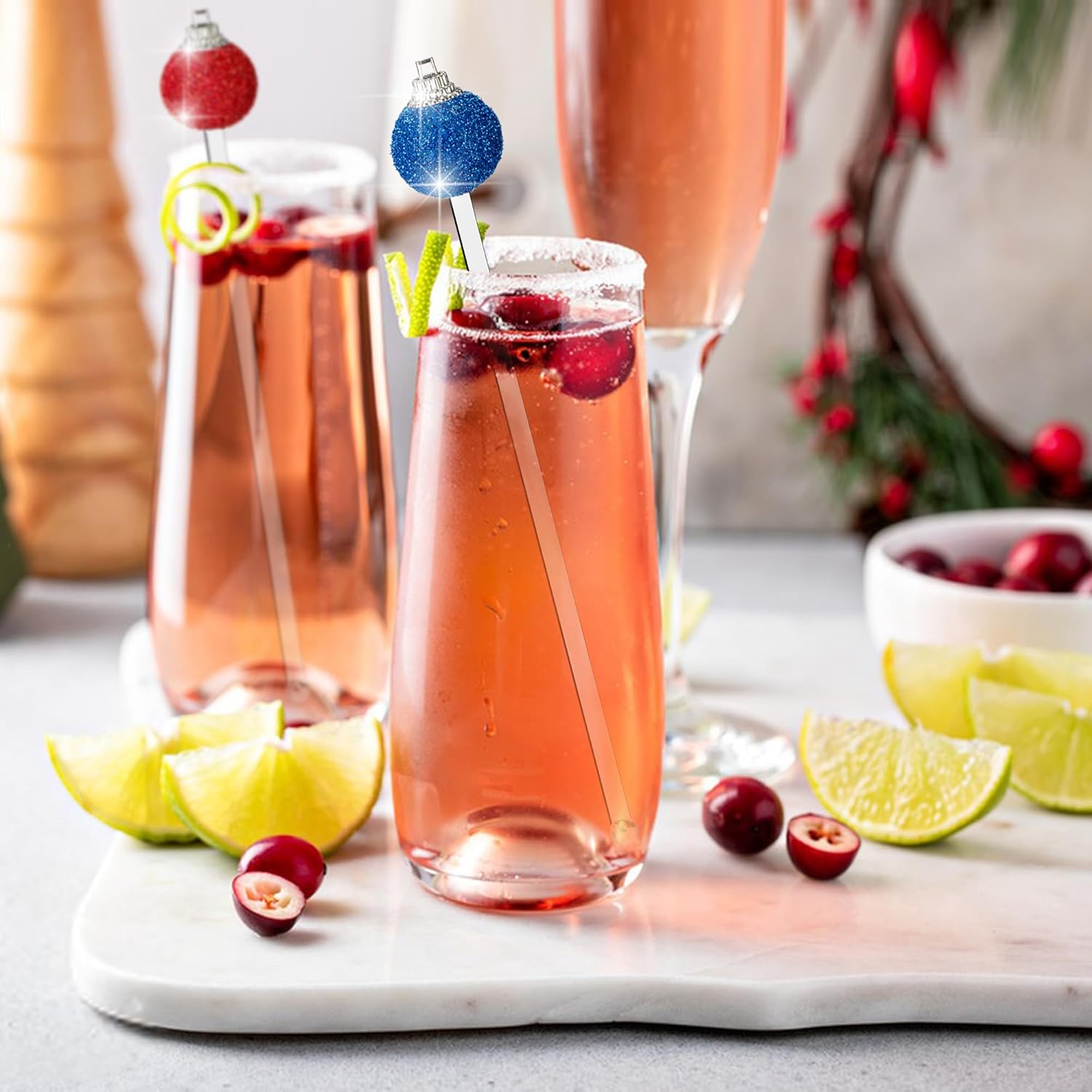 Iceyyyy 36 Pcs Christmas Glitter Ball Drink Stirrers-Reusable Round Top Christmas Stir Sticks-Colorful Swizzle Sticks for Home Holiday Cocktails Party Coffee Bar Juices Shop