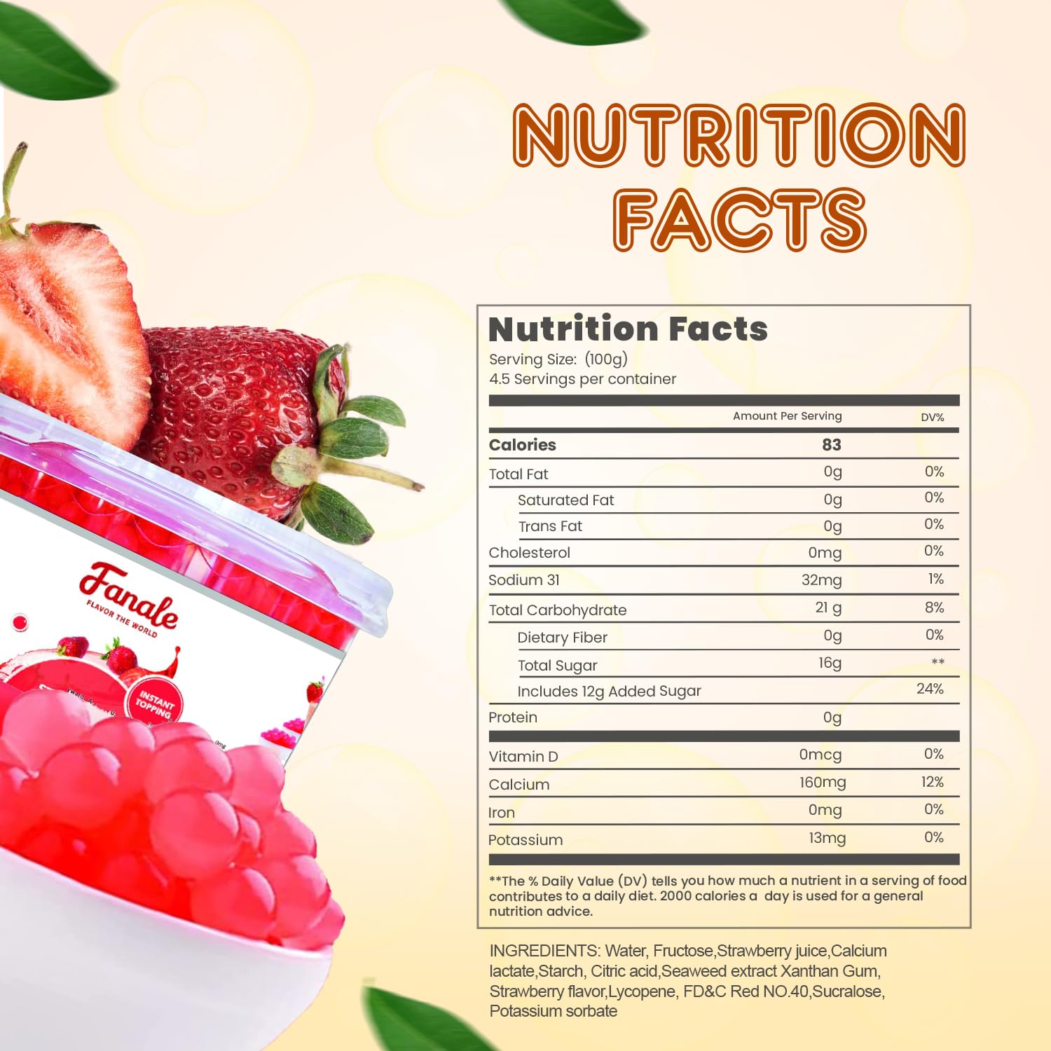 Fanale Strawberry Popping Boba Pearls, Vegan, Non GMO, Gluten Free, Fat Free, Perfect for Bubble Tea, Smoothies, Ice Cream, Desserts, and Beverages.
