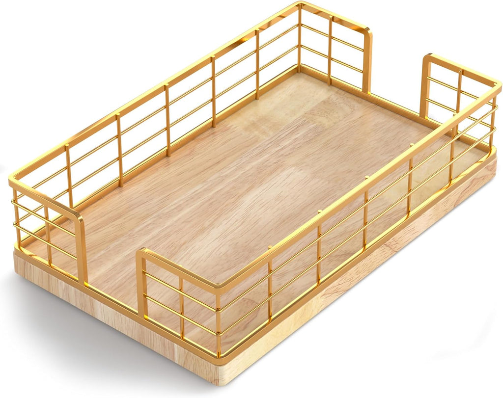 Wican Guest Towel Holder Tray for Bathroom, Oak and Iron Napkins Holder for Powder Room Dinning Table Wooden Basket for Disposable Paper Hand Towels Gold and Oak