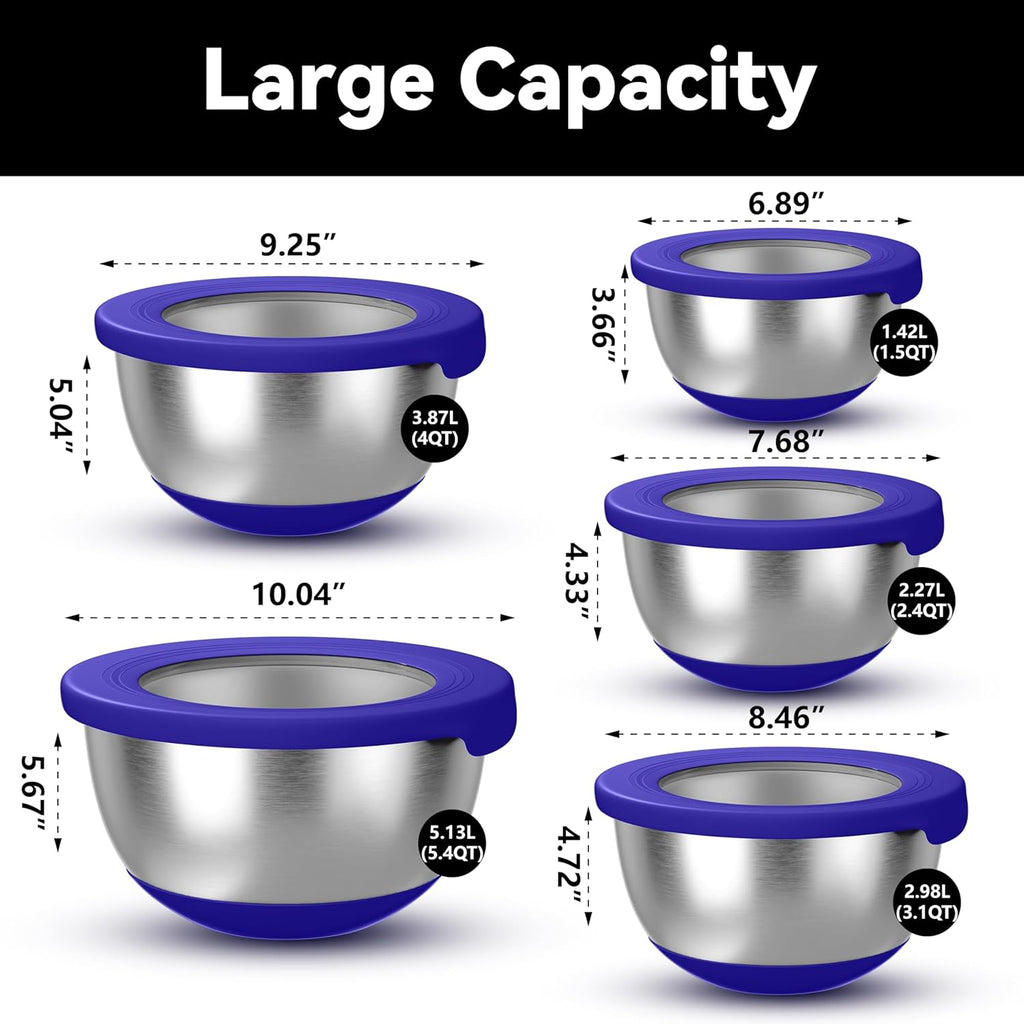 Stainless Steel Mixing Bowls with Lids – Set of 5 Large Nesting Metal Bowls for Kitchen, Baking, Cooking, Food Prep & Storage, Non-Slip Base, Dishwasher Safe,Blue