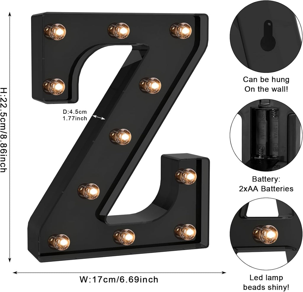 Foaky Black LED Letter Lights for Room Decor - Bedroom Wall Decor, Alphabet Lights for Home, Wedding, Party - Battery Operated （Z）