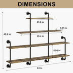63" Industrial Pipe Shelving - 4 tier Rustic Solid Wood and Heavy Duty Metal Pipe Shelves for Wall,Kitchen Shelves Wall Mounted,Floating Bookshelf,Wall Shelves for Bathroom,Living Room,Coffee Bar