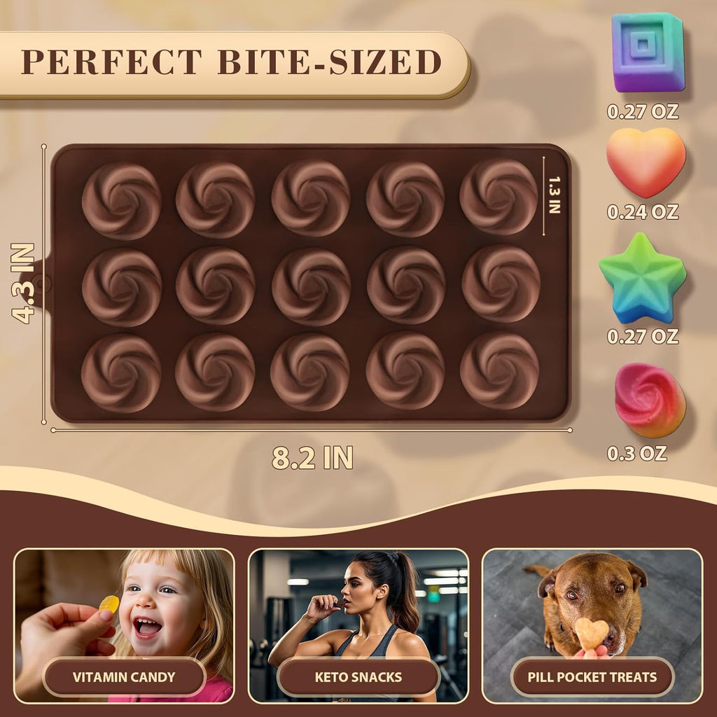 HKNMTT Chocolate Molds Silicone for Hard Candy Butter, 4 Pcs Small Bite Size Heart Star Sqaure Shapes Truffle Caramel Mould, Homemade Wax Melts Food Grade Baking Set Oven Safe Kit