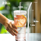 Glass Tumbler with Straw and Lid, 20 OZ Clear Iced Coffee Glasses Cups for Ice Water, Juice, Tea, Milk, Smoothie and Cold or Hot Drinks, Set of 2