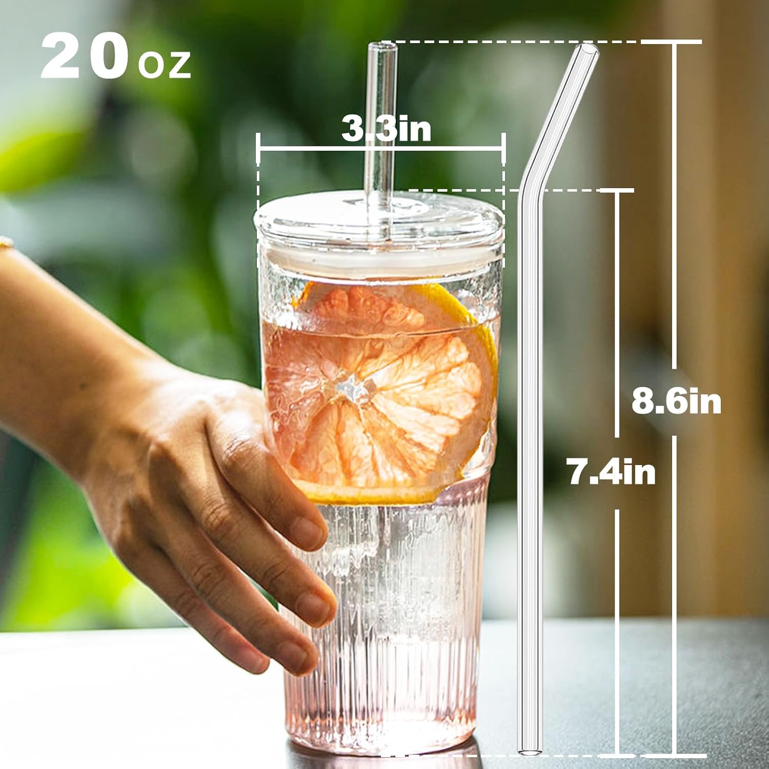 Glass Tumbler with Straw and Lid, 20 OZ Clear Iced Coffee Glasses Cups for Ice Water, Juice, Tea, Milk, Smoothie and Cold or Hot Drinks, Set of 2