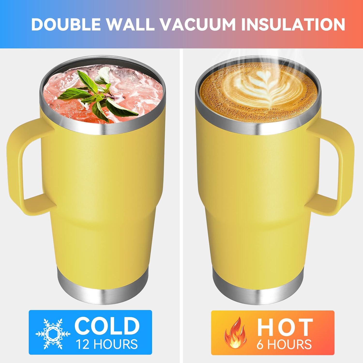 VEGOND 20 oz Tumbler Bulk with Handle Lid and Straw, Stainless Steel Insulated Travel Coffee Mug Set, Spill Proof Double Wall Metal Tumblers Cups, Yellow 6 Pack