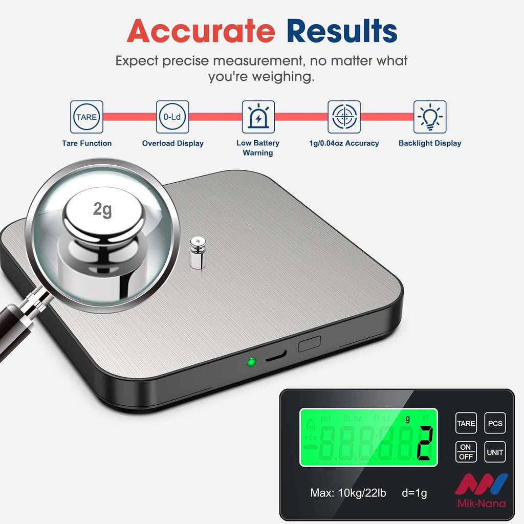 Mik-Nana Food Scale, 22lb Digital Kitchen Scale with 7 Units Wireless LCD Display & Tare Function, Stainless Steel Weight Grams and Ounces for Baking, Cooking and Meal Prep (Batteries Included)