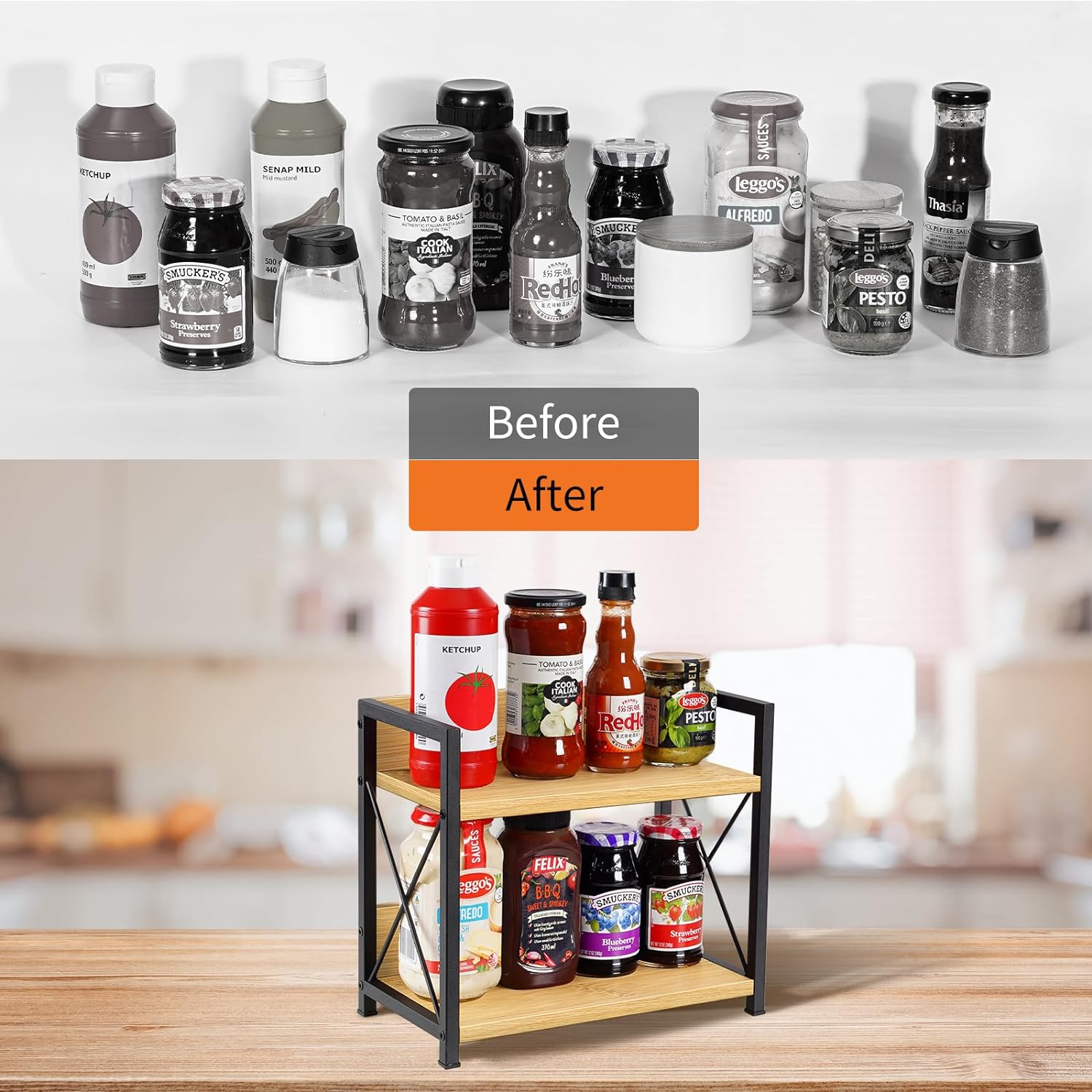 Giikin Countertop Shelf Organizer, 2 Tier Kitchen Spice Rack Organizer for Countertop, Wood Coffee Counter Shelf Organizer for Home (Bamboo, S)