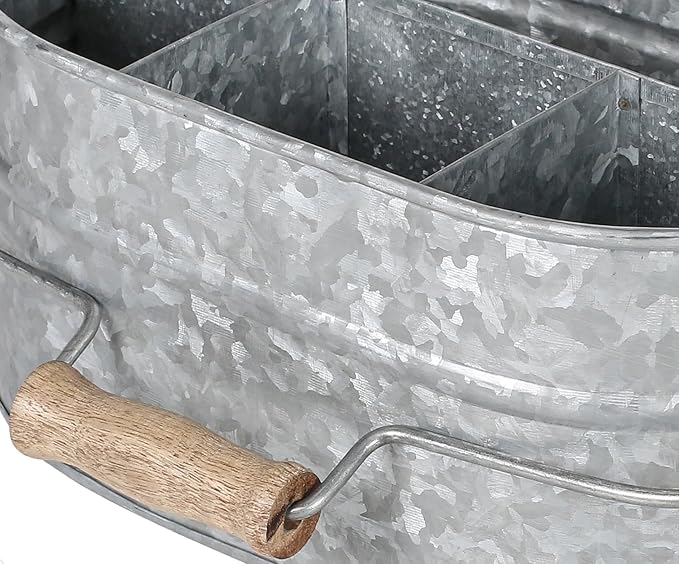 Alpha Living Home Galvanized Metal Utensil Caddy - Rustic Farmhouse Organizer Metal Garden Caddy with 4 Compartments and Wooden Handle for Kitchen, Buffet & Outdoor Events (Silver)