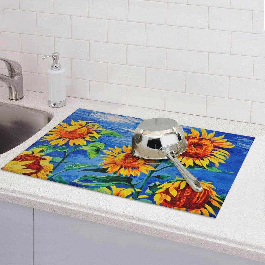 Sunflowers Large Dish Drying Mats For Kitchen Counter, Watercolor Yellow Flower Microfiber Kitchen Drying Mat Draining Pad Absorbent Dish Mat 18"x24" (Sunflowers Under The Blue Sky)