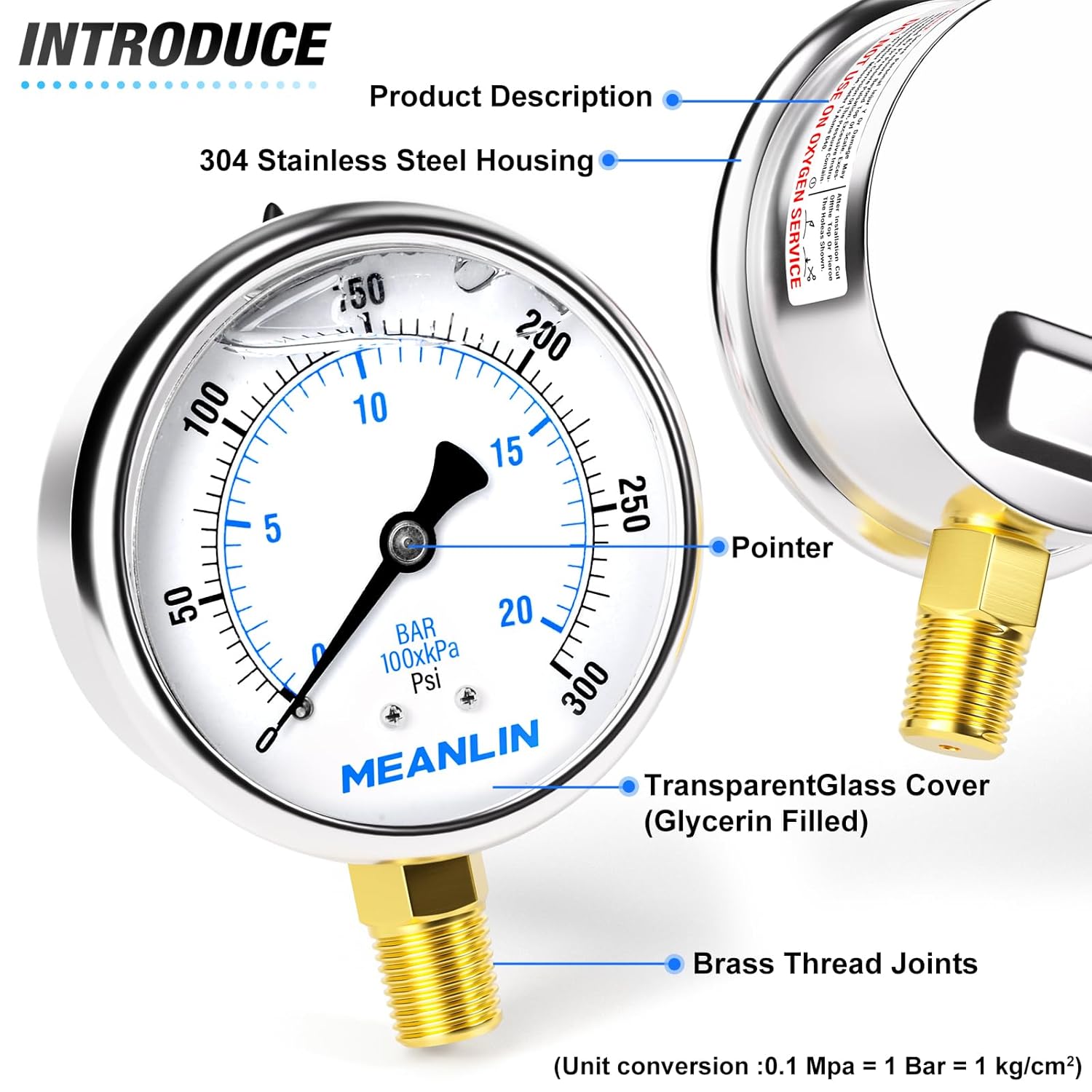 MEANLIN MEASURE 0~300Psi Stainless Steel 1/4" NPT 2.5" FACE DIAL Liquid Filled Pressure Gauge WOG Water Oil Air Lower Mount, with 1/2" NPT and 3/8" NPT Hex Bushing
