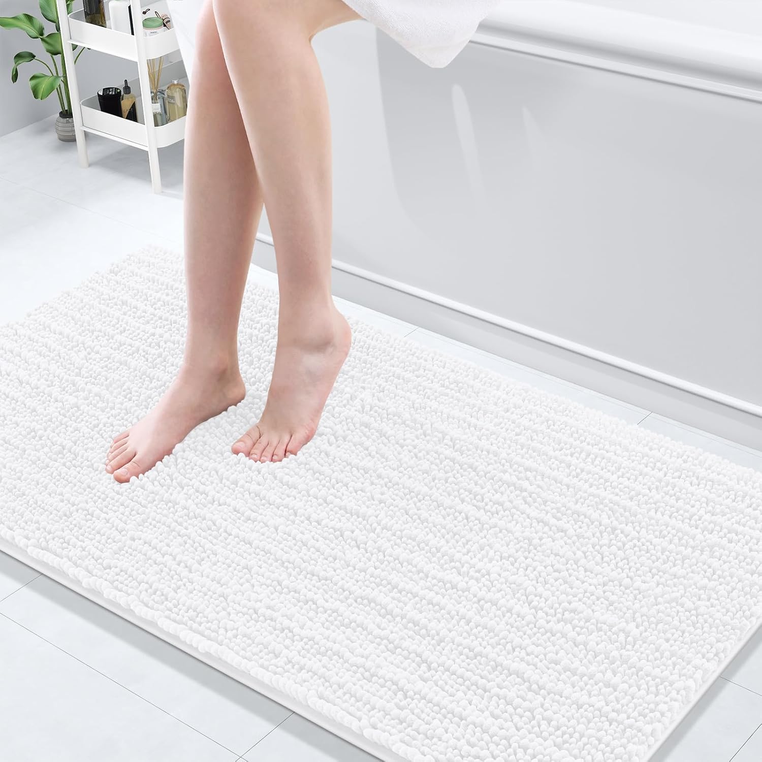 Arotive Luxury Chenille Bathroom Rug Mat, Extra Soft Thick Absorbent Shaggy Bath Rugs, Non-Slip Machine Wash Dry, Plush Bath Mats for Bathroom, Shower and Tub, 60x24, White