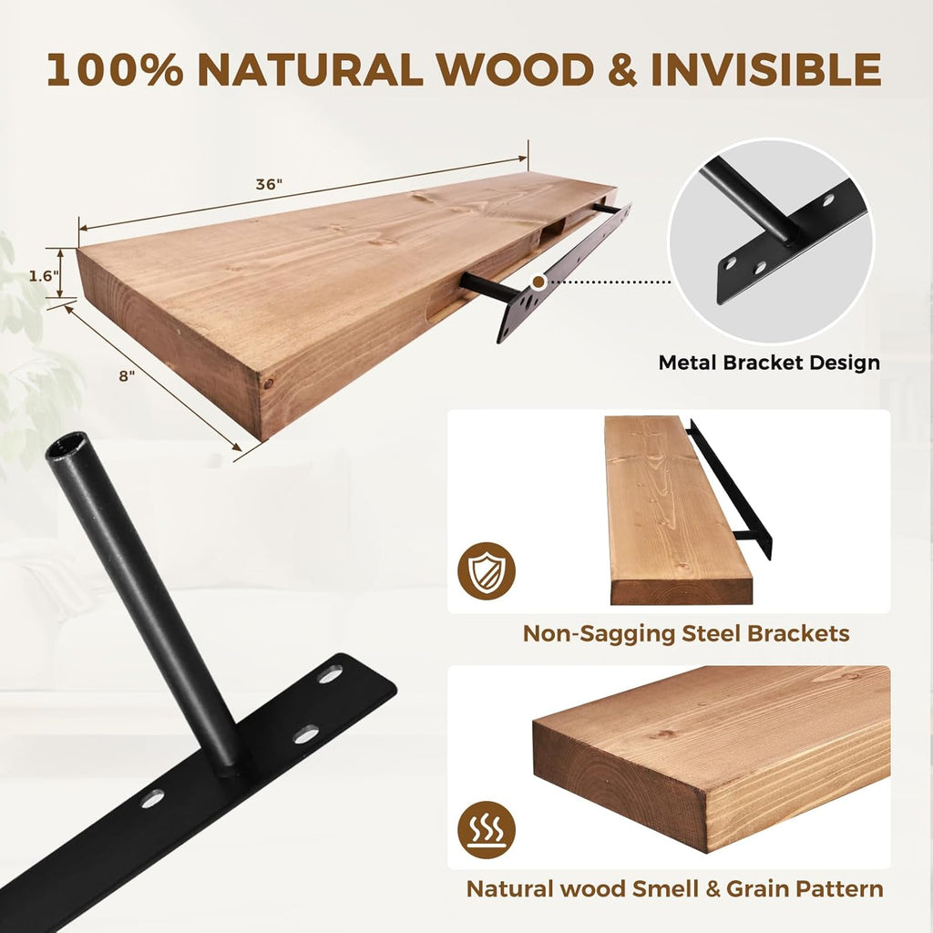 36x8x1.6 inch Floating Shelves Set of 2 – Solid Wood Rustic Oak Wall Mounted Shelf for Kitchen, Bathroom, Living Room