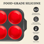 BRONYPRO Jumbo Silicone Muffin Pan with Metal Frame, 3.5" Large Muffin Tins, Non-Toxic Food Grade Silicone, Non-Stick for Egg Bites & Big Cupcakes, Oven Safe, Red