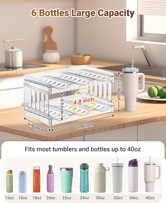 Water Bottle Organizer for Stanley Cup Accessories, Cabinet Organizers and Storage for Meoky 40 oz Tumbler with Handle, Fridge Tumbler Organizer Kitchen Gadgets Gifts, 2Pack Large-6-bottle