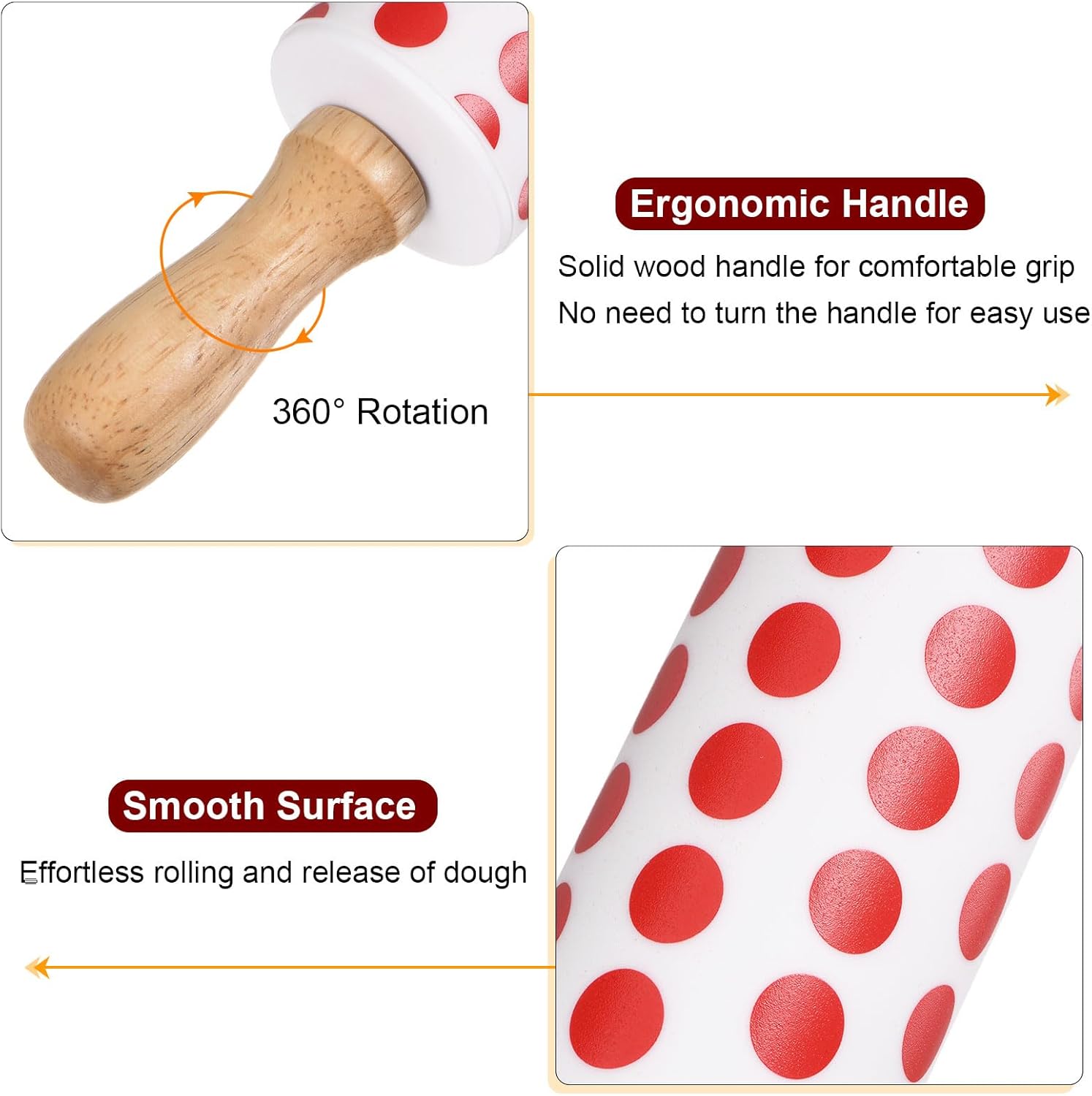 HARFINGTON Silicone Rolling Pins for Baking 9 Inch Wooden Handle Non Stick Rolling Pin Small Roller Playdough Rolling Pins for Dough Pizza Pastry Fondant Kitchen, Red White