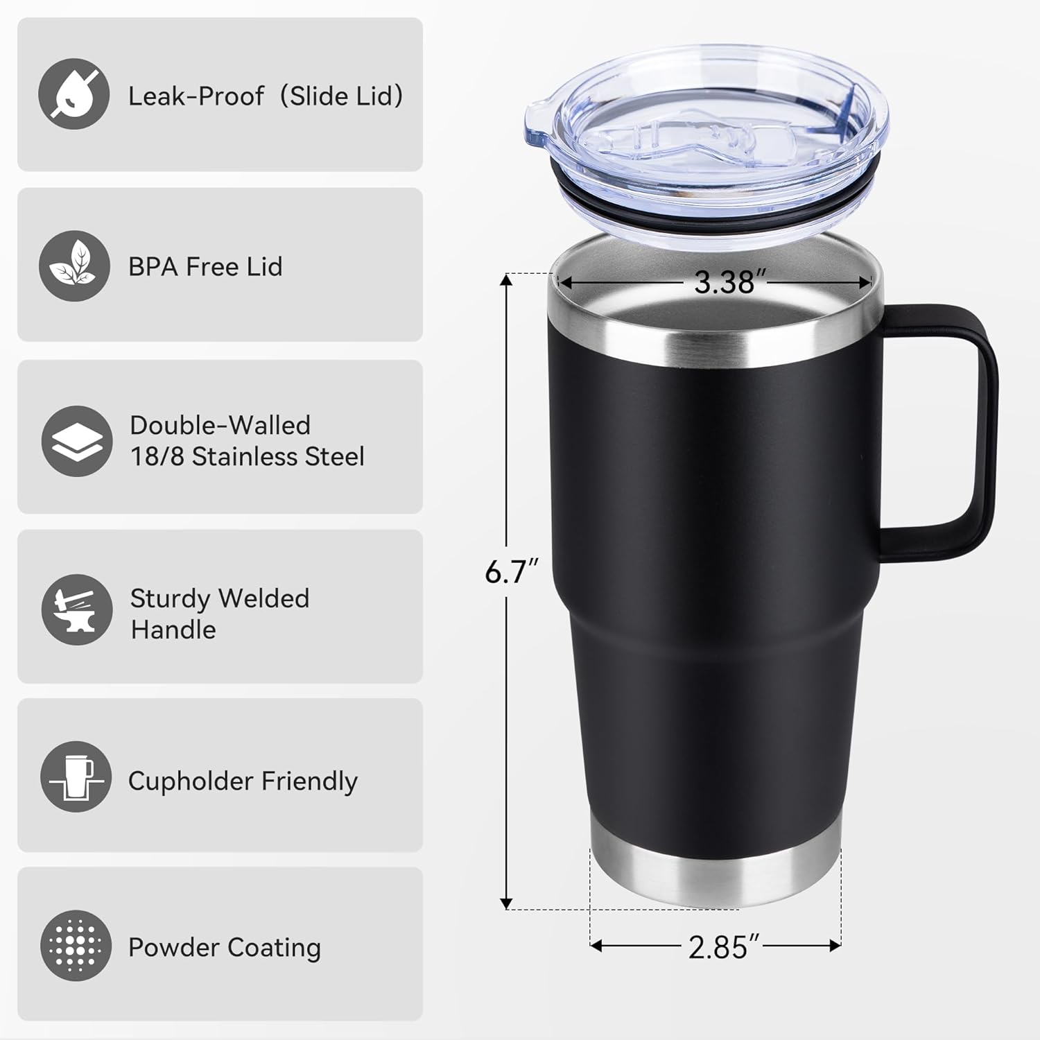 HASLE OUTFITTERS 20oz Tumbler Bulk with Lid, Stainless Steel Tumbler Bulk with Handle, Metal Insulated Travel Coffee Mug Set with Handle, Double Wall Vacuum Leak Proof Tumbler Cup, Black 6 Pack