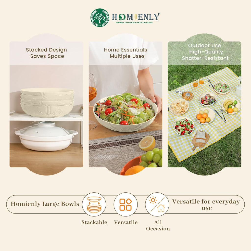 Homienly 65 oz Large Salad Bowls Wheat Straw Big Bowls 10 inch Serving Bowls Wheat Straw Plates Bowls Set of 6 Wide and Shallow Bowls for Kitchen Dishwasher Safe-Beige