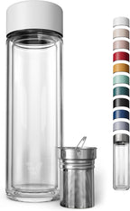 Glass Multi Tea Infuser Bottle 14oz - Double Wall Borosilicate Glass Flask | No Plastic Touches Contents | Perfect for Office or Home - White