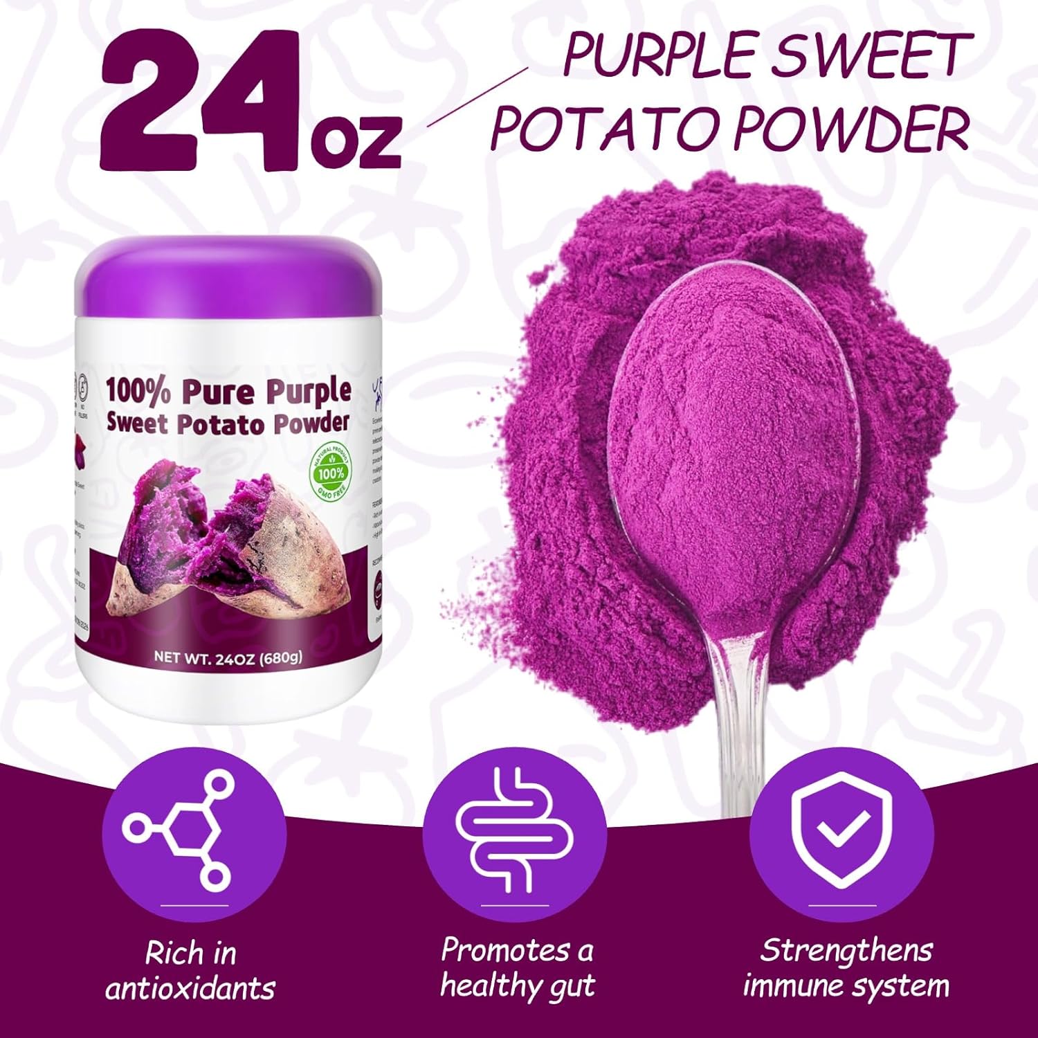 Purple Sweet Potato Powder 24oz (680g) - Natural Food Coloring for Baking, Drinks & Smoothies｜Ube/Purple Yam Alternative, Non-GMO, Gluten-Free, Resealable Fresh Pack