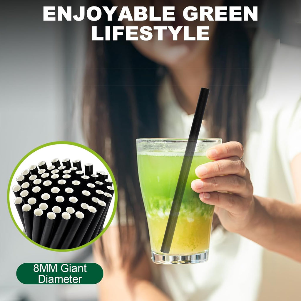 5.75 inch 8mm Wide Short Black Paper Drinking Straws Disposable for Lowball Glasses, Blended Cocktails, Margaritas, Bars, Restaurants - Unwrapped [250 Counts]